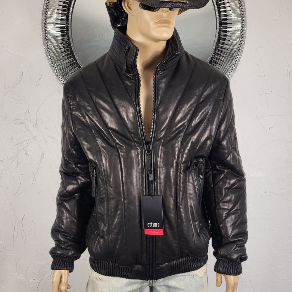 NWT~$2170~OTTIMO~XL/1X~BLACK GENUINE REAL LEATHER COAT BOMBER JACKET MOTO BIKER